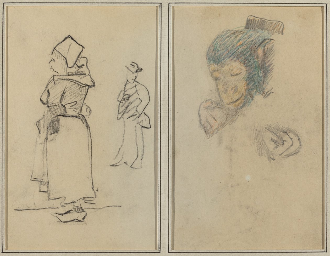 Una donna bretone e un uomo in piedi; Testa e mano di una scimmia da Paul Gauguin