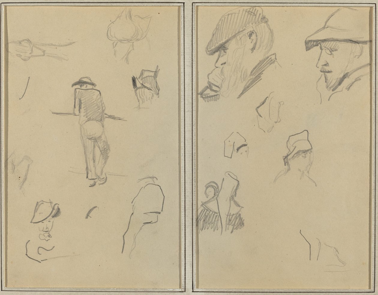 Un uomo appoggiato a un muro con altri cinque studi; Due uomini barbuti con cappelli e altri cinque studi da Paul Gauguin