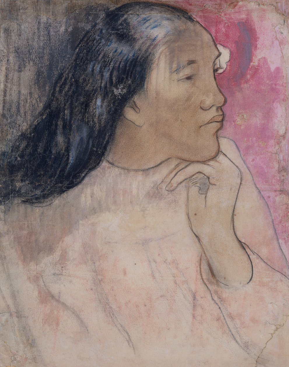 Una donna tahitiana con un fiore tra i capelli da Paul Gauguin