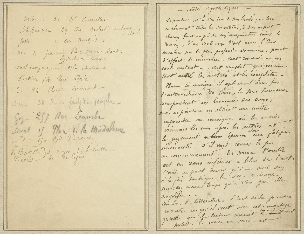 Lista degli Indirizzi; Pagina del Manoscritto (recto) da Paul Gauguin