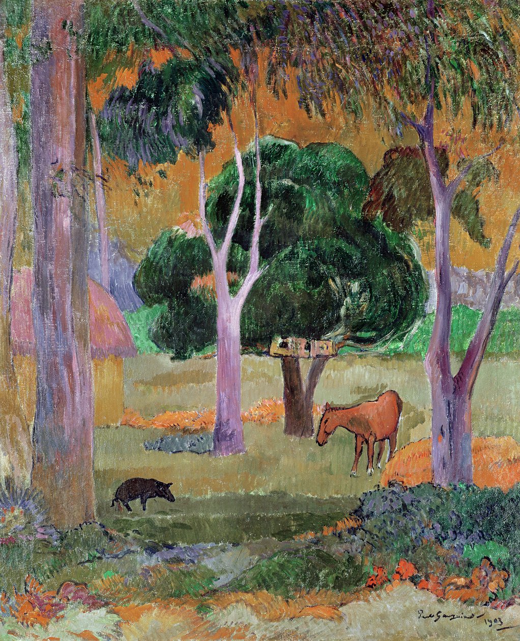 Paesaggio dominicano o, Paesaggio con maiale e cavallo, 1903 da Paul Gauguin