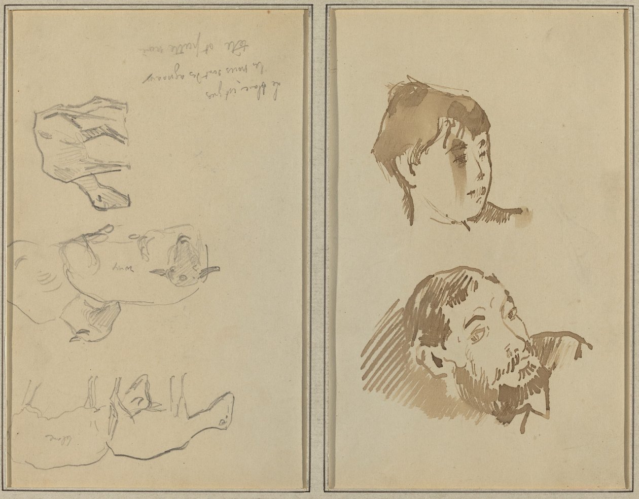 Cinque pecore; Testa di una donna e testa di un uomo barbuto da Paul Gauguin