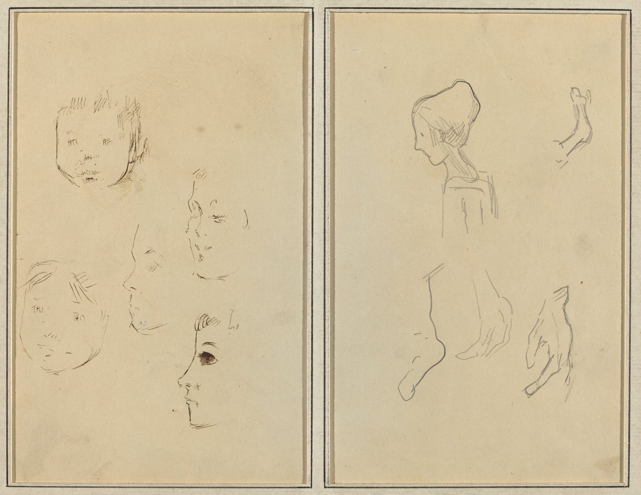 Cinque studi di teste; Un ragazzo di profilo con studi di mani e piedi [verso] da Paul Gauguin