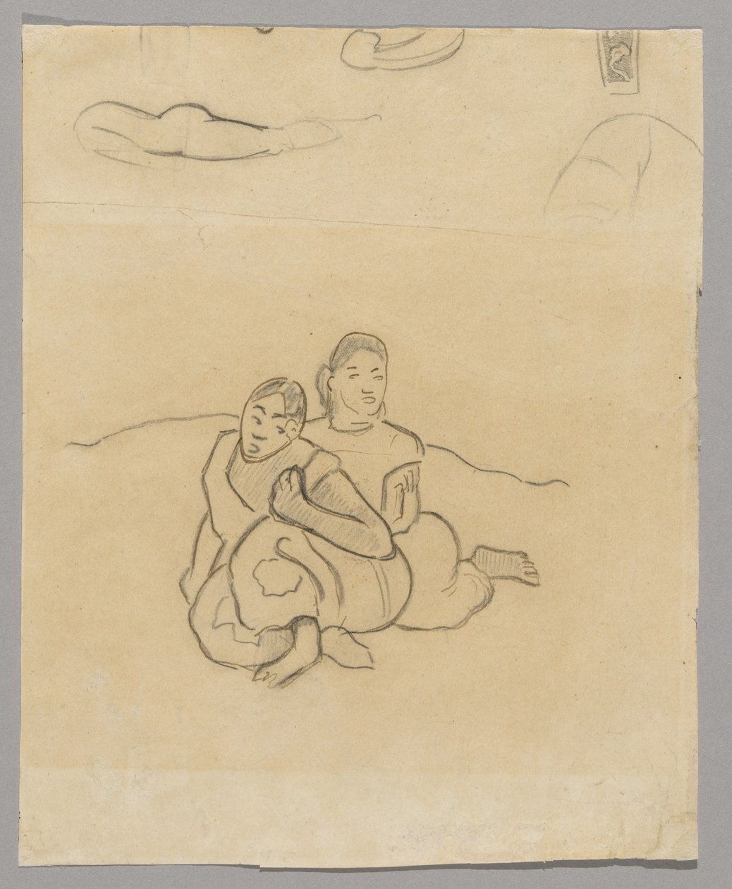 Frammenti di corpi, un disegno decorativo e due donne tahitiane accovacciate in un paesaggio legato a Nafea Faaipoipo da Paul Gauguin