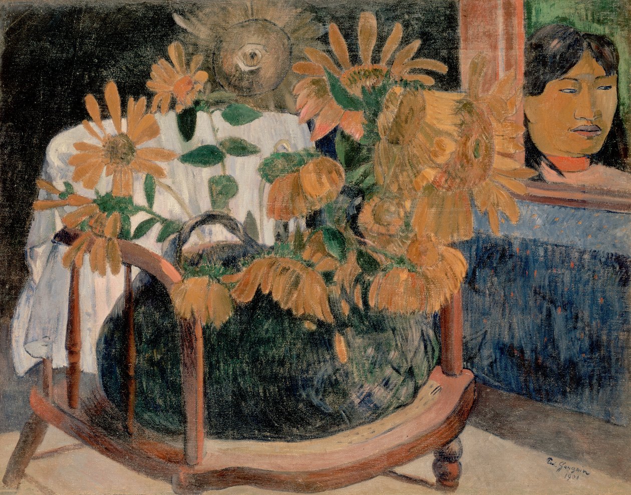 Francese: Nature morte avec des tournesols sur un fauteuil (II) Girasoli da Paul Gauguin