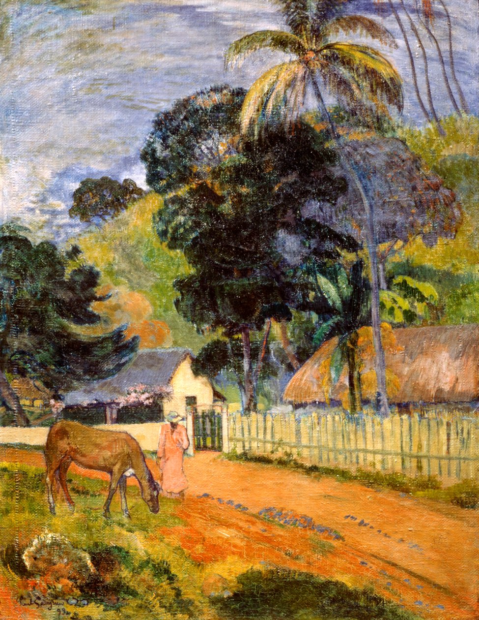 Cavallo sulla strada, paesaggio tahitiano da Paul Gauguin