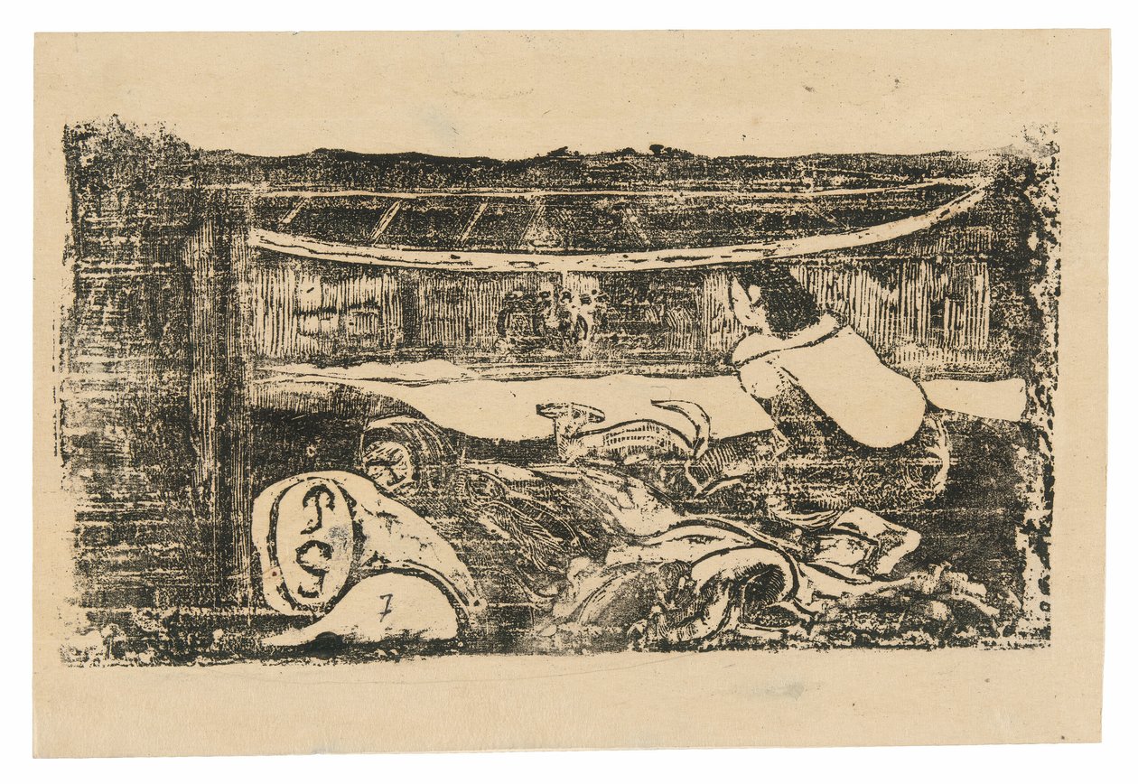 Interno di una Capanna Tahitiana, dalla Suite di Stampe a Blocchi di Legno Tardive da Paul Gauguin