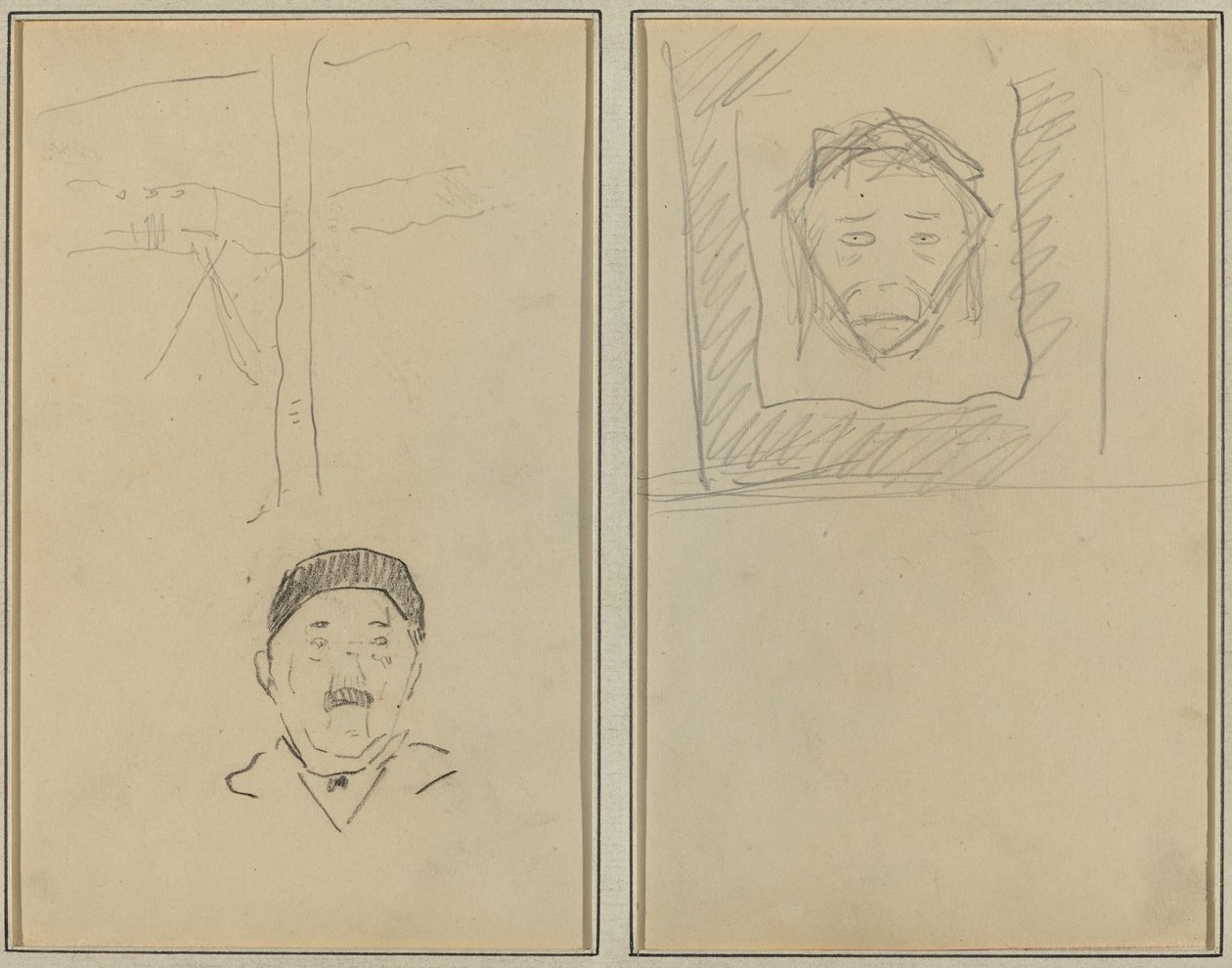 Paesaggio e testa di uomo; testa di scimmia dentro un quadrato (recto) da Paul Gauguin
