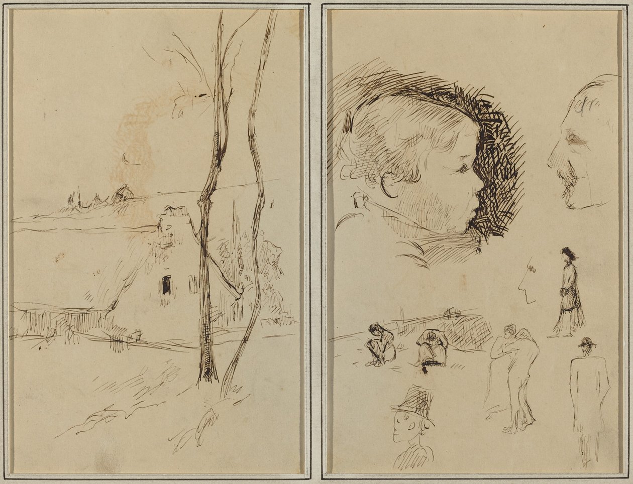 Paesaggio con un cottage; Profilo di ragazzo, profilo di uomo, due donne in un paesaggio e altri cinque studi [verso] da Paul Gauguin