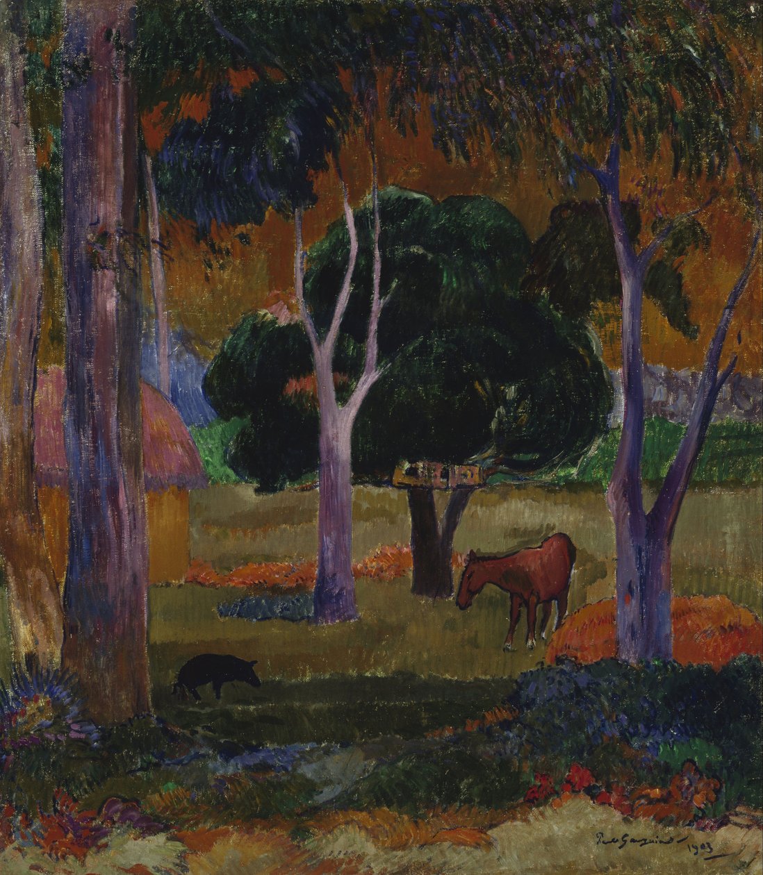 Paesaggio con un maiale e un cavallo (Hiva Oa) da Paul Gauguin