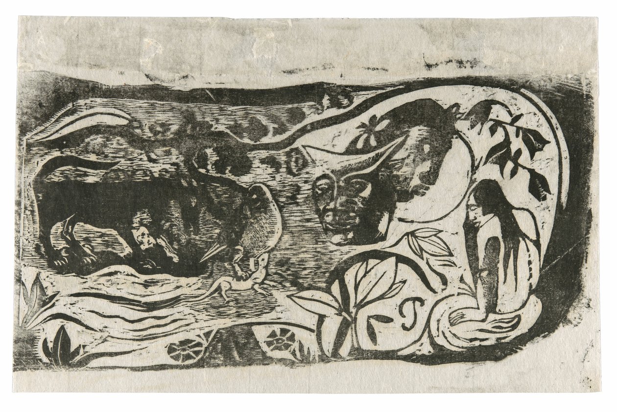 Piatto con la testa di un diavolo cornuto, dalla Suite di stampe a blocchi di legno tardive da Paul Gauguin