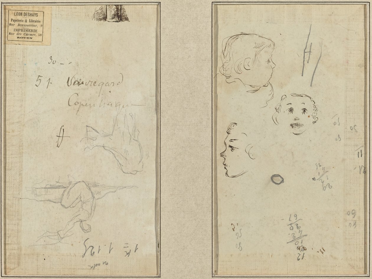 Figura seduta e una mucca; tre studi della testa di un bambino da Paul Gauguin