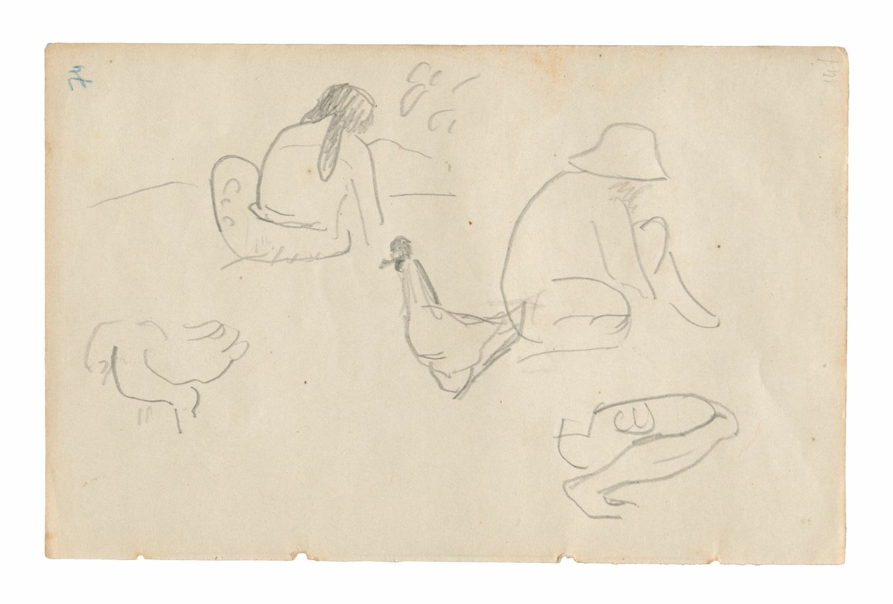 Schizzi di figure sedute e polli (recto), Torso femminile nudo (relativo al dipinto Te a no areois [Il seme degli Areoi]) (verso), dal Carnet de Tahiti (taccuino tahitiano) da Paul Gauguin
