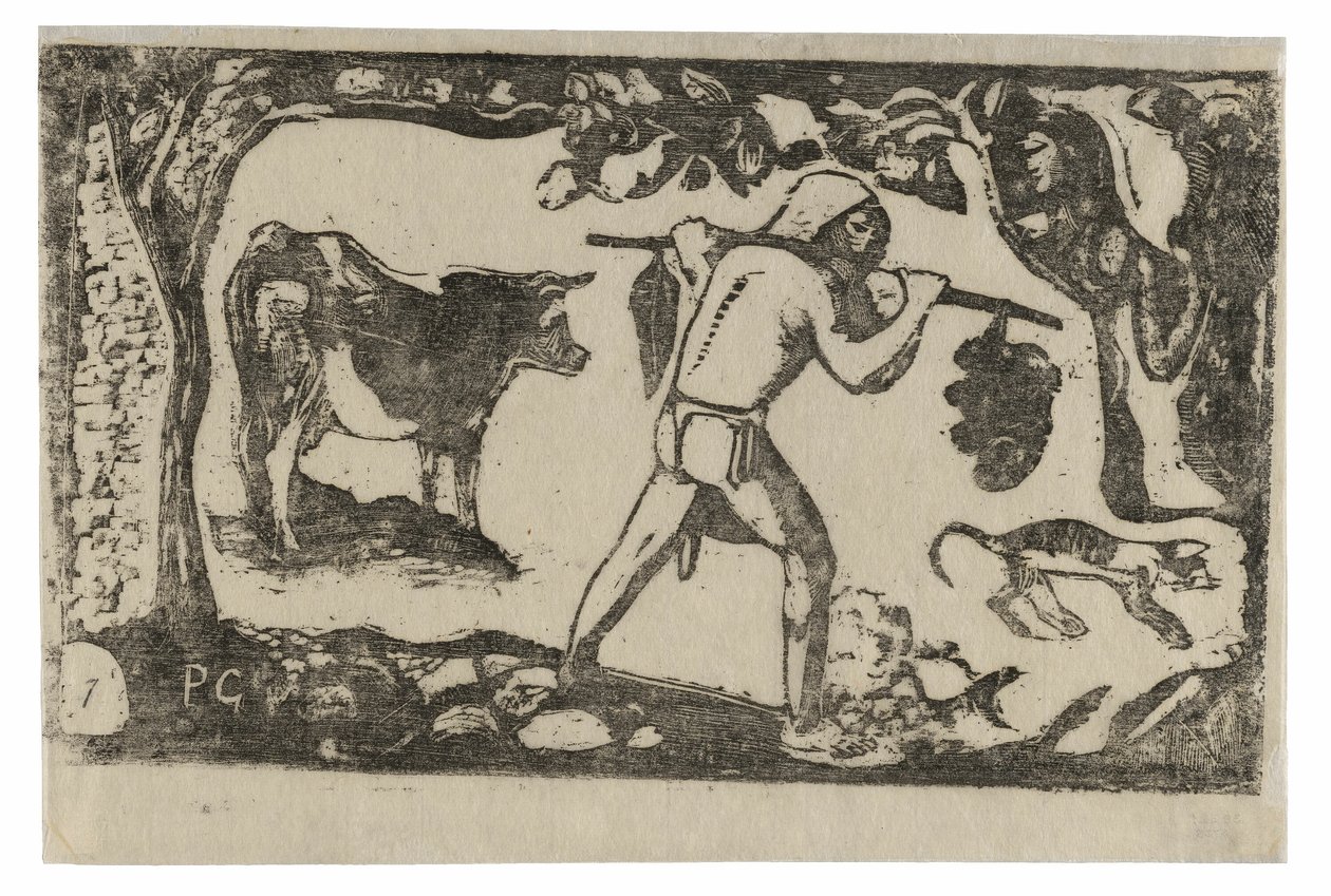 Tahitiano che porta banane, dalla suite di stampe a blocchi di legno tardive da Paul Gauguin