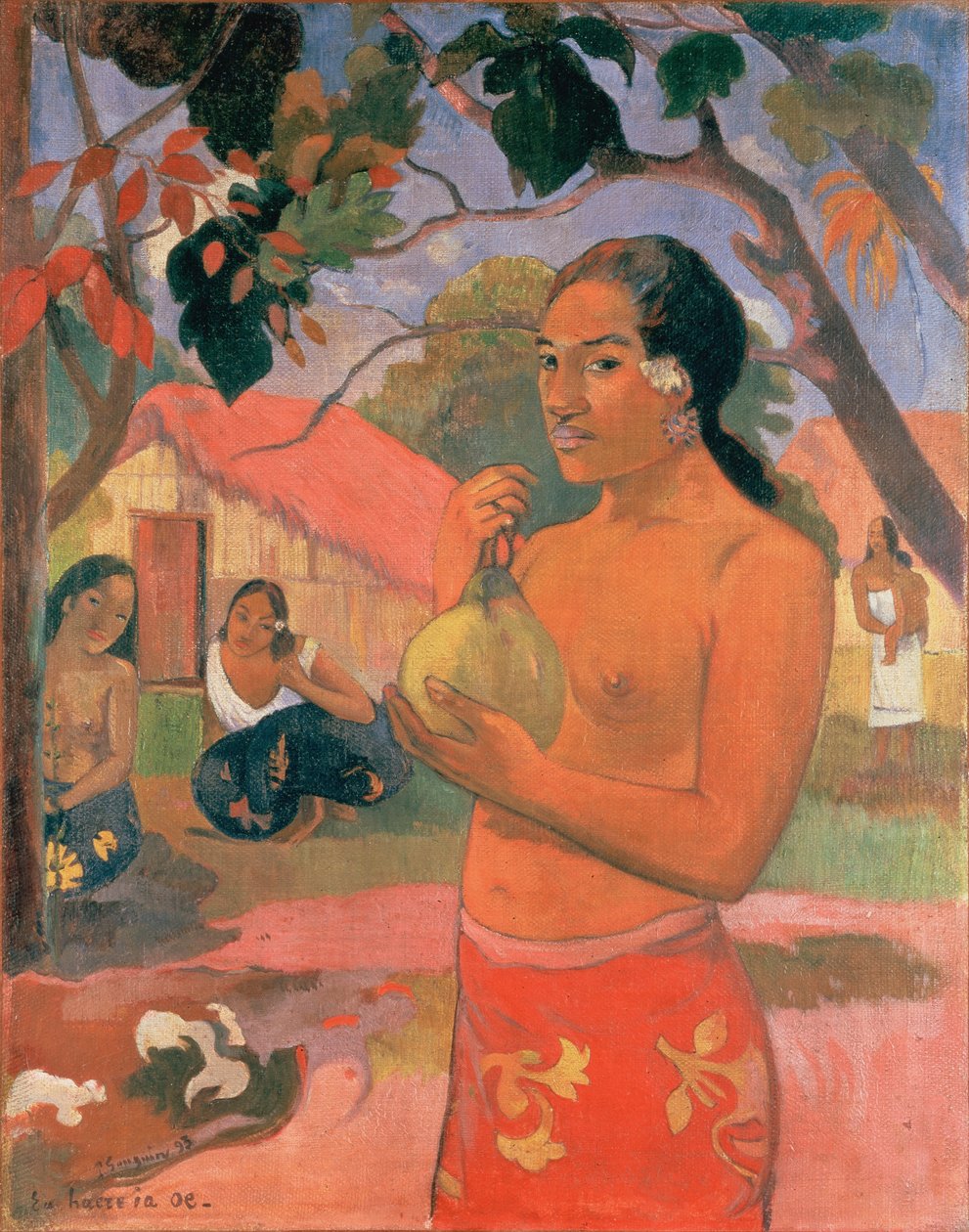 Tahitiano:  Ea haere ia oe (A haere ia oe) Dove stai andando, o Donna che tiene un frutto da Paul Gauguin