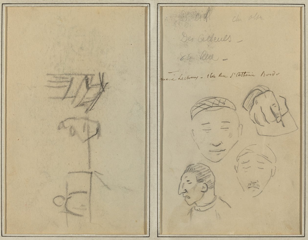 Due figure e una panchina; Tre studi di teste di uomini e uno di una mano [recto] da Paul Gauguin
