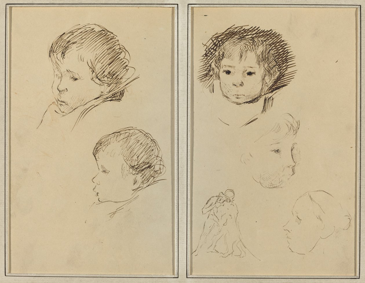 Due Studi della Testa di un Bambino; Due Studi della Testa di un Bambino, una Donna di Profilo e un Uomo che Lotta con un Animale [recto] da Paul Gauguin