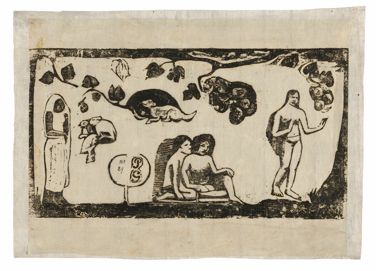 Donne, animali e fogliame, dalla suite di stampe su blocchi di legno di epoca tarda da Paul Gauguin