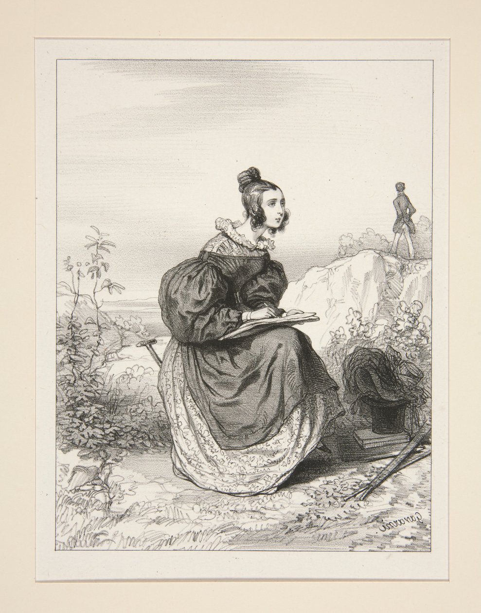 (MIA MOGLIE DISEGNA IL PAESAGGIO.) da Paul Gavarni