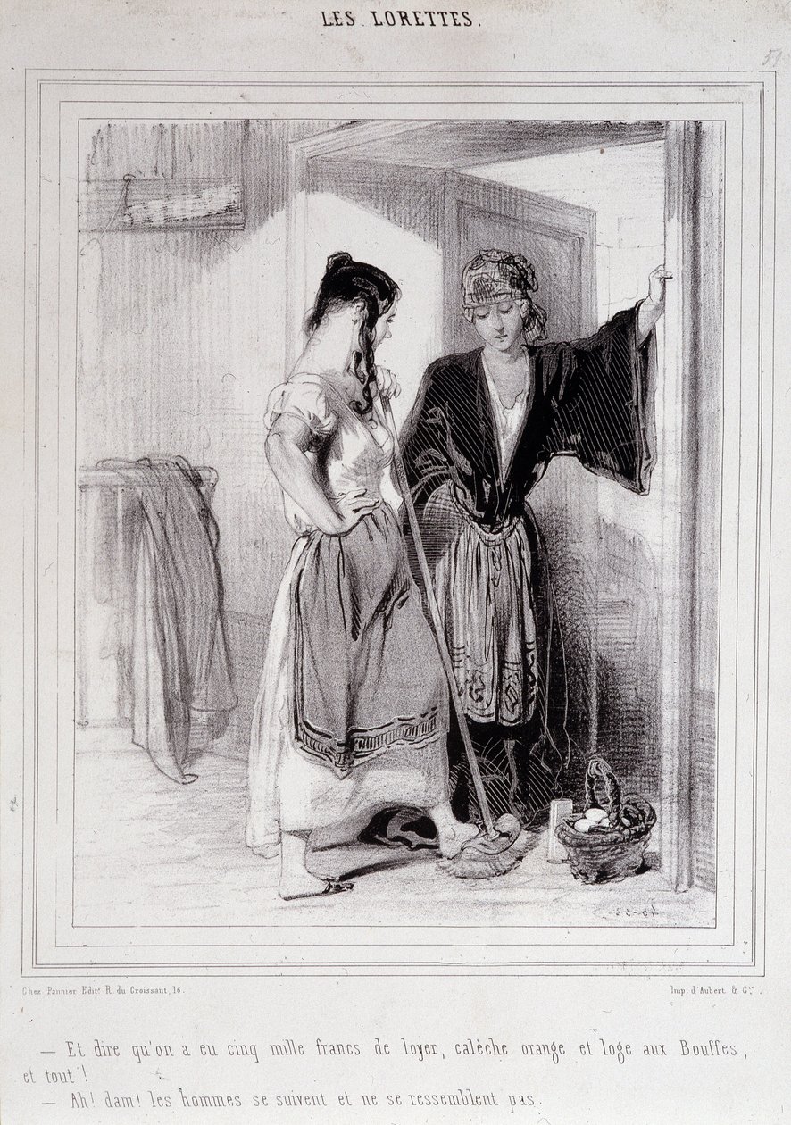 2 donne povere in conversazione sulle scale riguardo agli uomini, "Les Lorettes", Gavarni, c. 1840 da Paul Gavarni