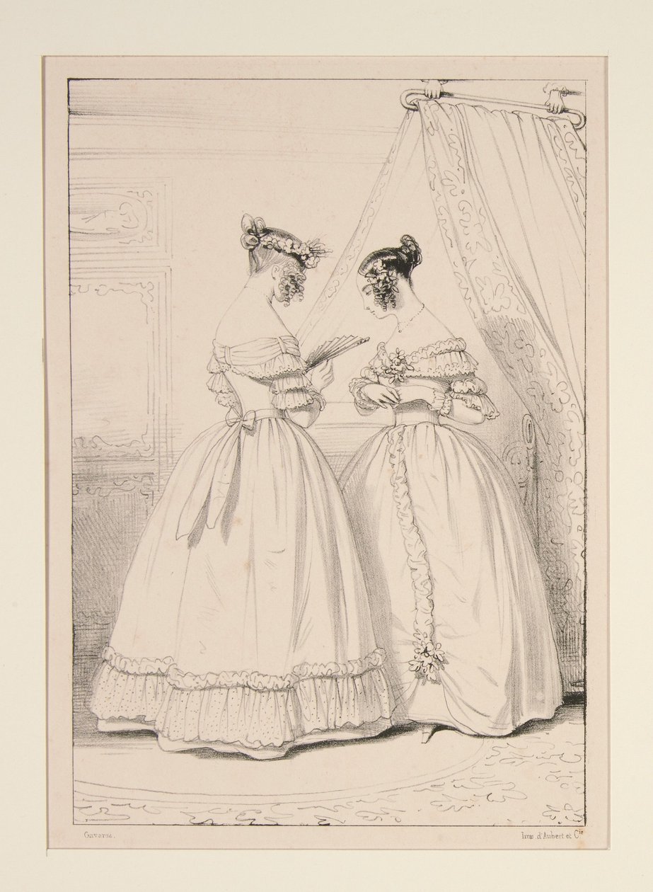 GENNAIO 1838. Abito in crêpe impreziosito da un volant di tulle bouillon. da Paul Gavarni