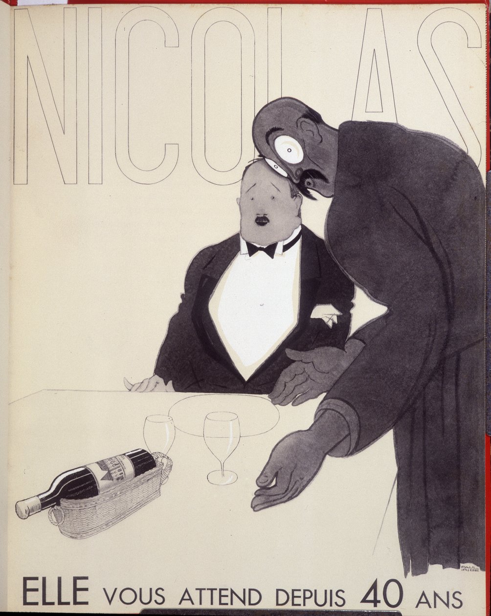 Ti ha aspettato per 40 anni Il cameriere di un ristorante si rivolge a un cliente indicando una bottiglia di vino. - pubblicità per Nicolas, disegno di Paul Iribe da Paul Iribe