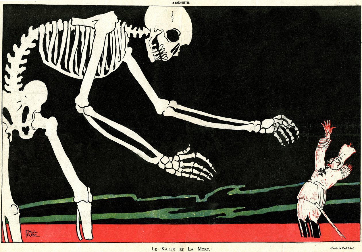 Il Kaiser e la morte. Prima Guerra Mondiale 1914-1918: Guglielmo II (1859-1941) in un mare di sangue minacciato da uno scheletro. Caricatura che evidenzia la stupidità meccanica e beffarda tedesca, sostenendo così il morale dei francesi durante la guerra. da Paul Iribe