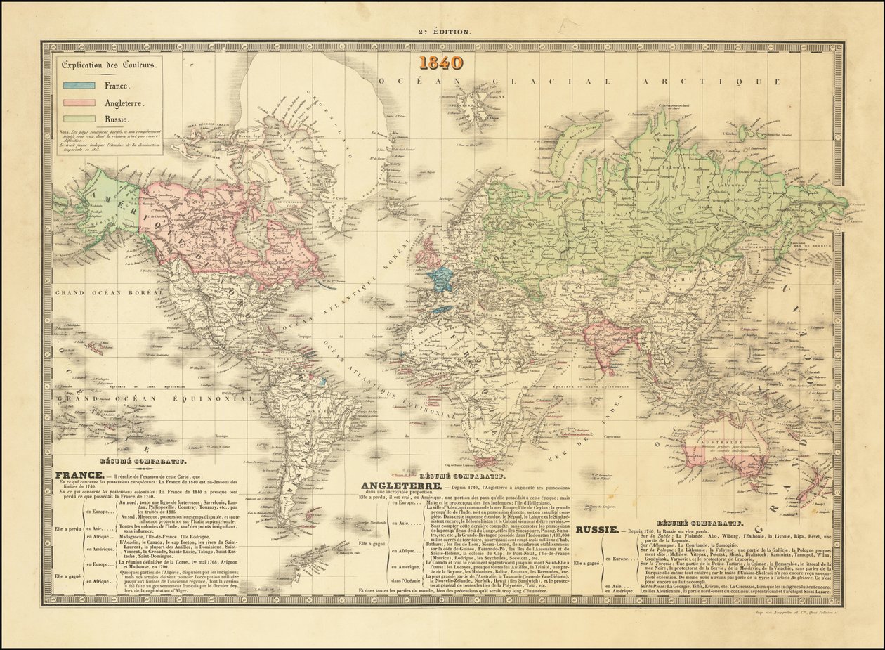 Carta del mondo francese del 1840 che raffigura i territori degli Imperi britannico, francese e russo da Paul Kaeppelin