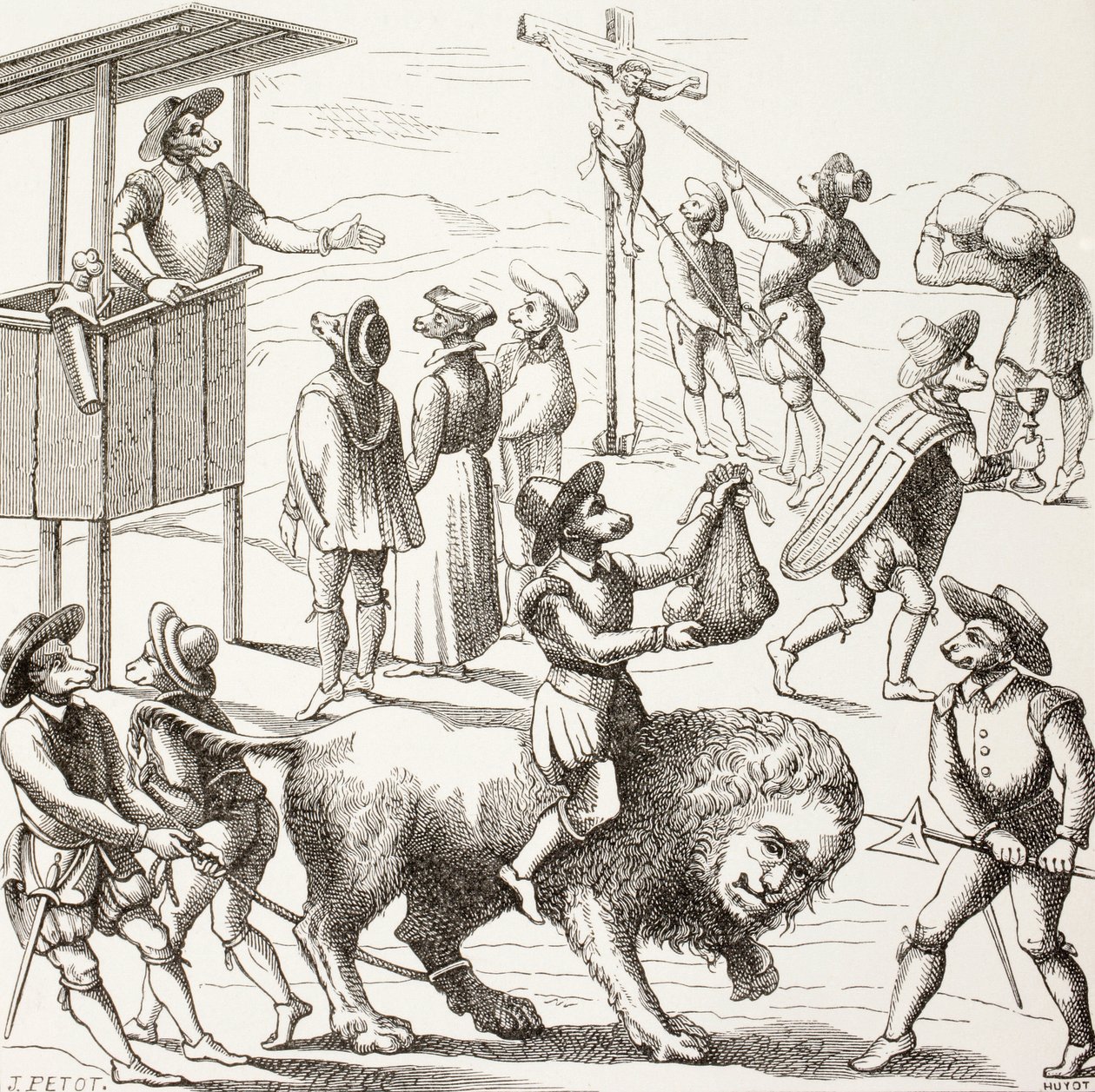Immagine allegorica degli eccessi che si dice siano stati commessi dagli ugonotti. Il leone addomesticato rappresenta una Francia ridotta dagli eretici e dalle loro pratiche. da Paul Lacroix