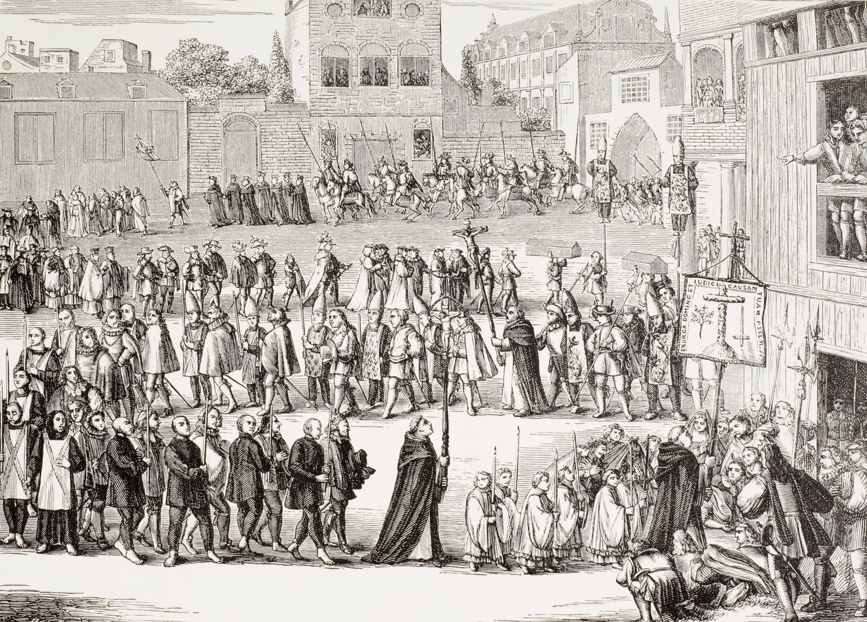 Una processione di Auto-Da-Fe, o atto di fede, in Spagna. Dopo un