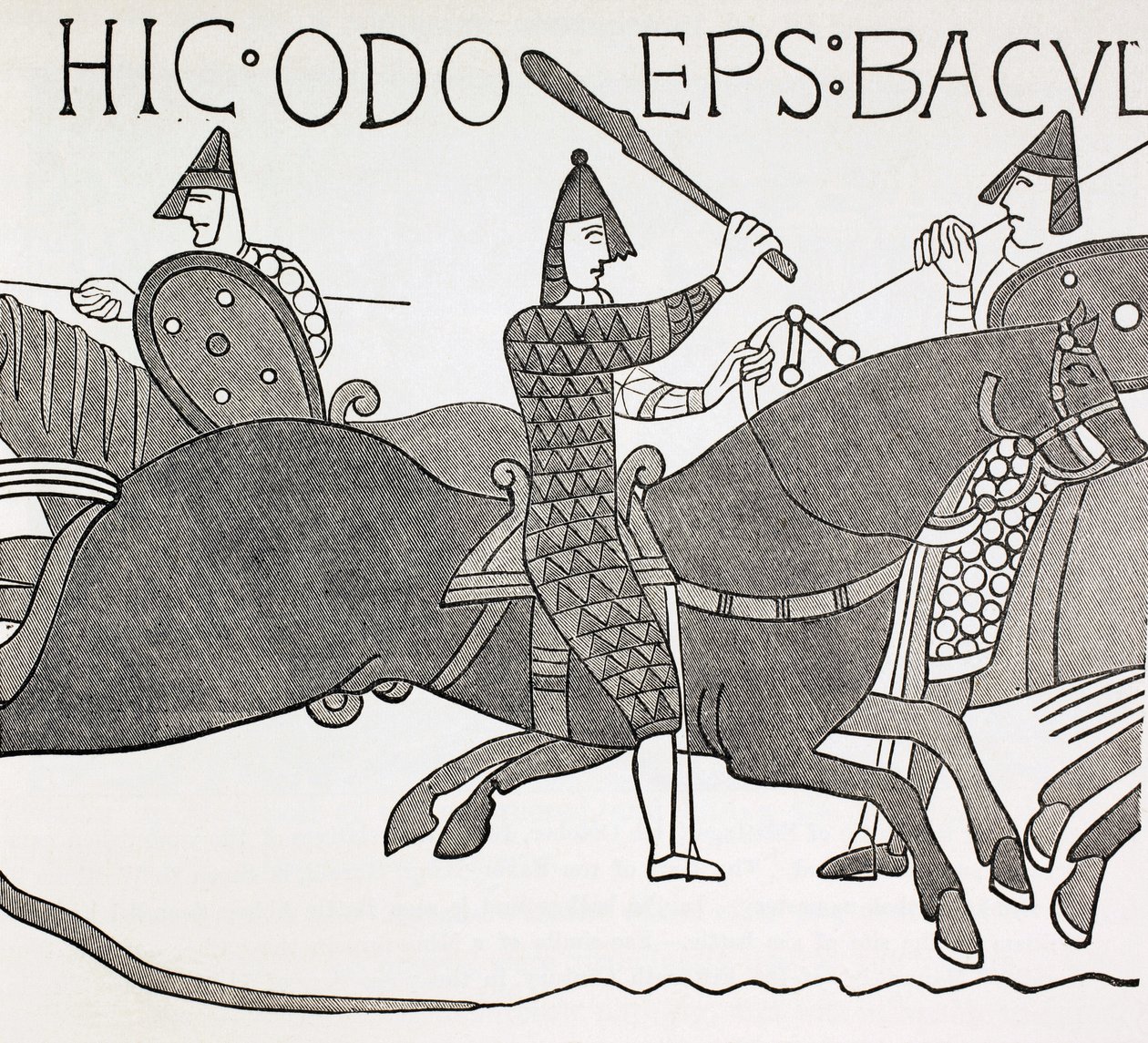 Il vescovo Edues con in mano il bastone della carica e incoraggia i soldati del duca di Normandia durante la battaglia di Hastings. Dopo un dettaglio dell