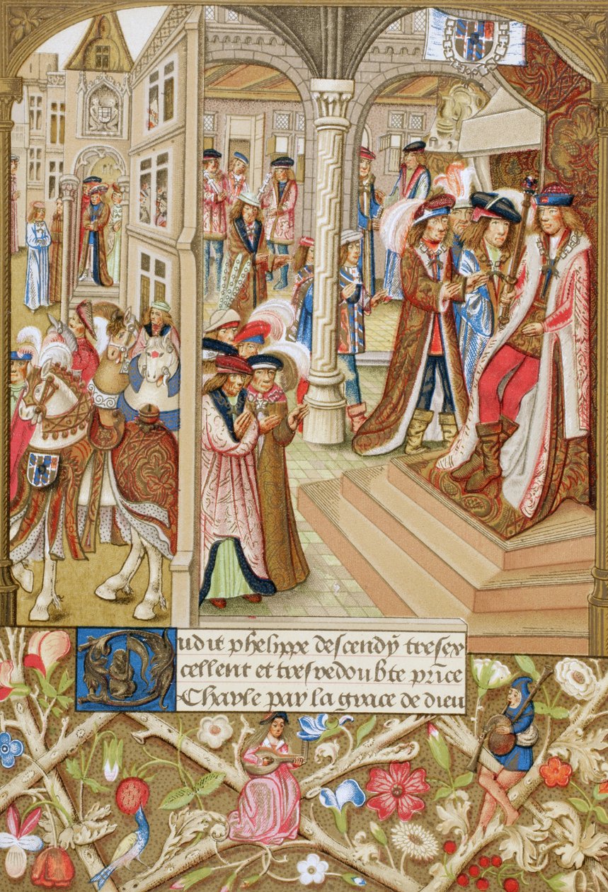 Carlo il Temerario, duca di Borgogna, 1433-1477, seduto sul suo trono e assistito dai suoi baroni e consiglieri. Da un manoscritto del XV secolo, Cronache della Borgogna in forma abbreviata. da Paul Lacroix