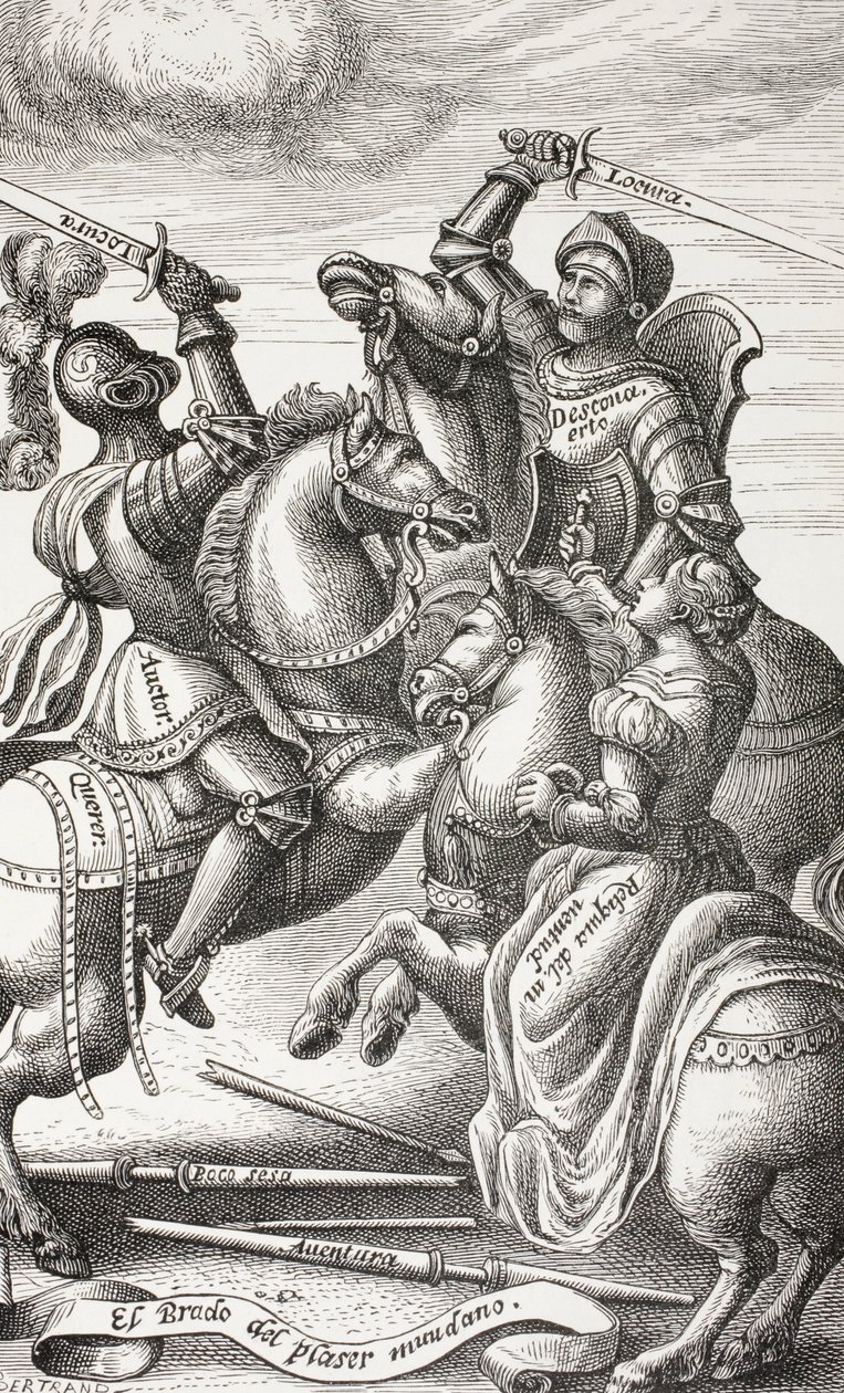 La cavalleria rappresentata da figure allegoriche. Cavalieri che combattono a cavallo. Dopo una lastra di rame del 16° secolo. da Paul Lacroix