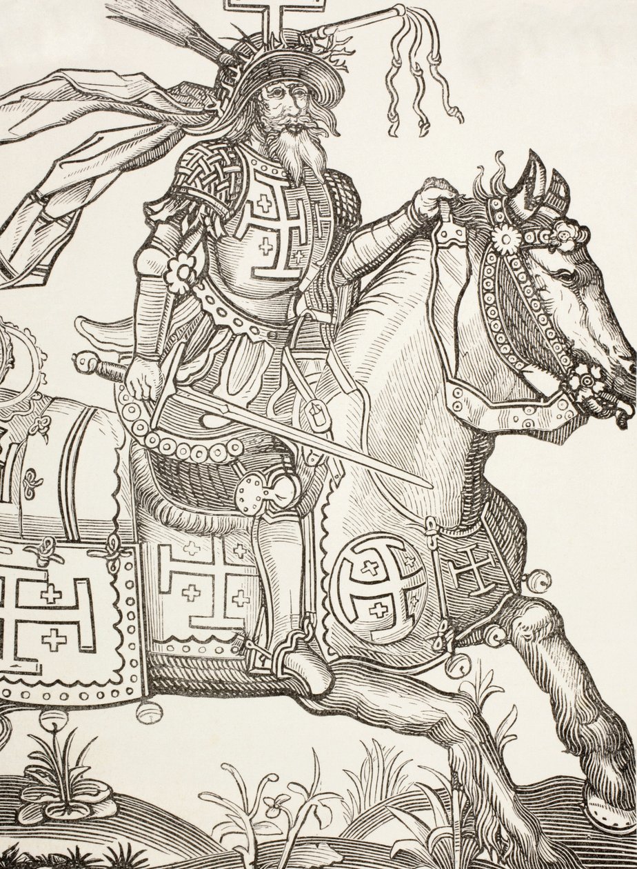 Goffredo di Buglione, 1060-1100 circa, cavaliere franco medievale. Leader della prima crociata. Qui lo si vede incoronato con gli strumenti della passione di Cristo. Dopo una xilografia del XV secolo. da Paul Lacroix