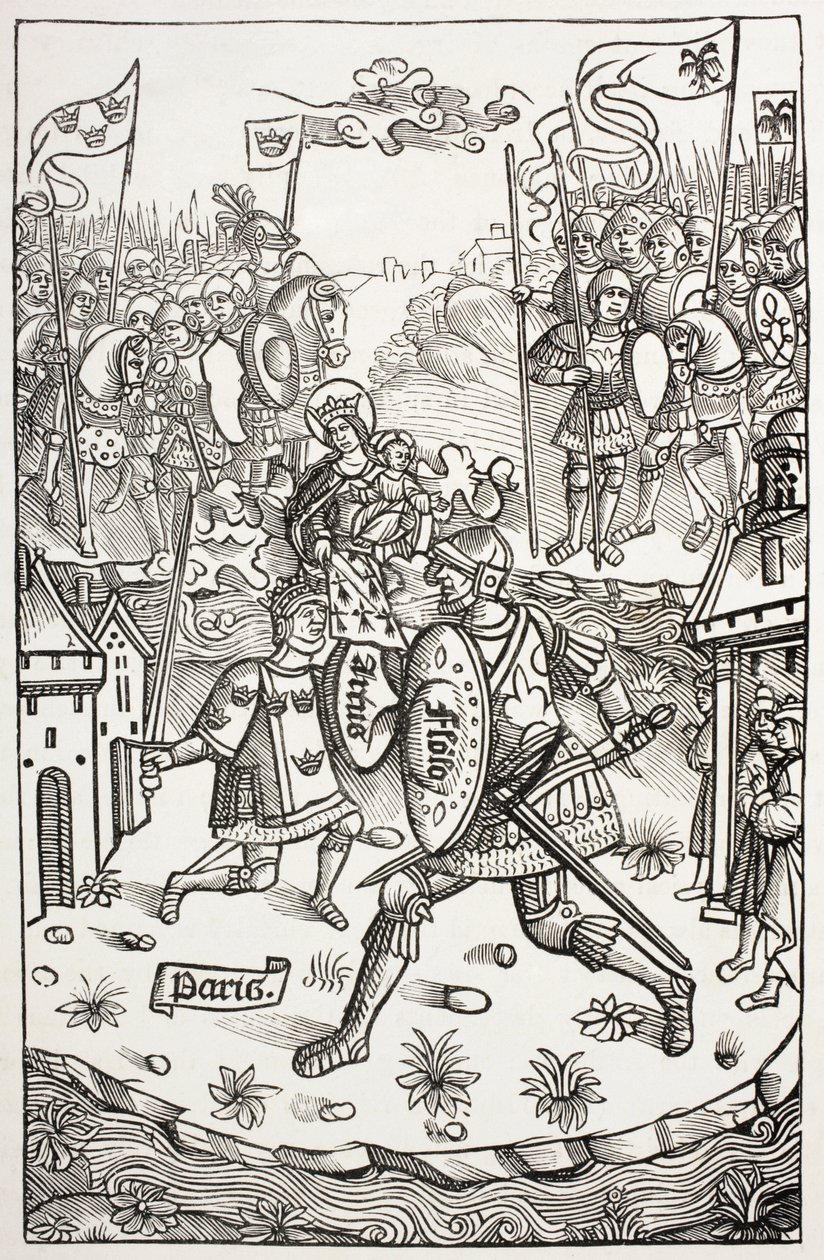 Re Artus, o Artù, protetto dalla Vergine, combatte contro un gigante. Dopo una xilografia in Chroniques De Bretagne, di Alain Bouchard, pubblicata nel 1514. da Paul Lacroix