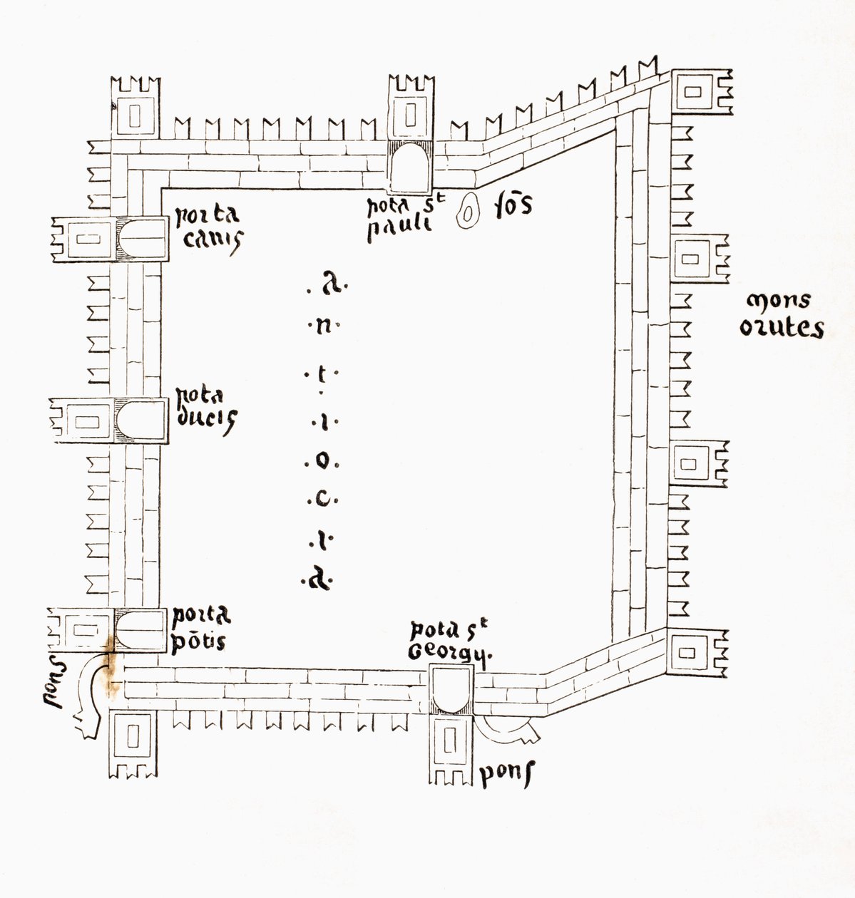 Pianta di Antiochia del 13° secolo con le sue cinque porte. Da un manoscritto del 13° secolo. da Paul Lacroix