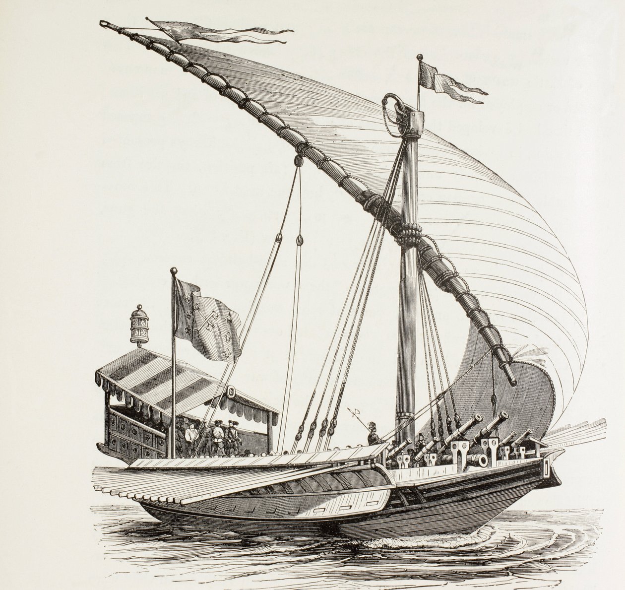 Galea pontificia con vele, remi e artiglieria pesante. Sventola la bandiera papale. Da un disegno di Breugal il Vecchio. da Paul Lacroix