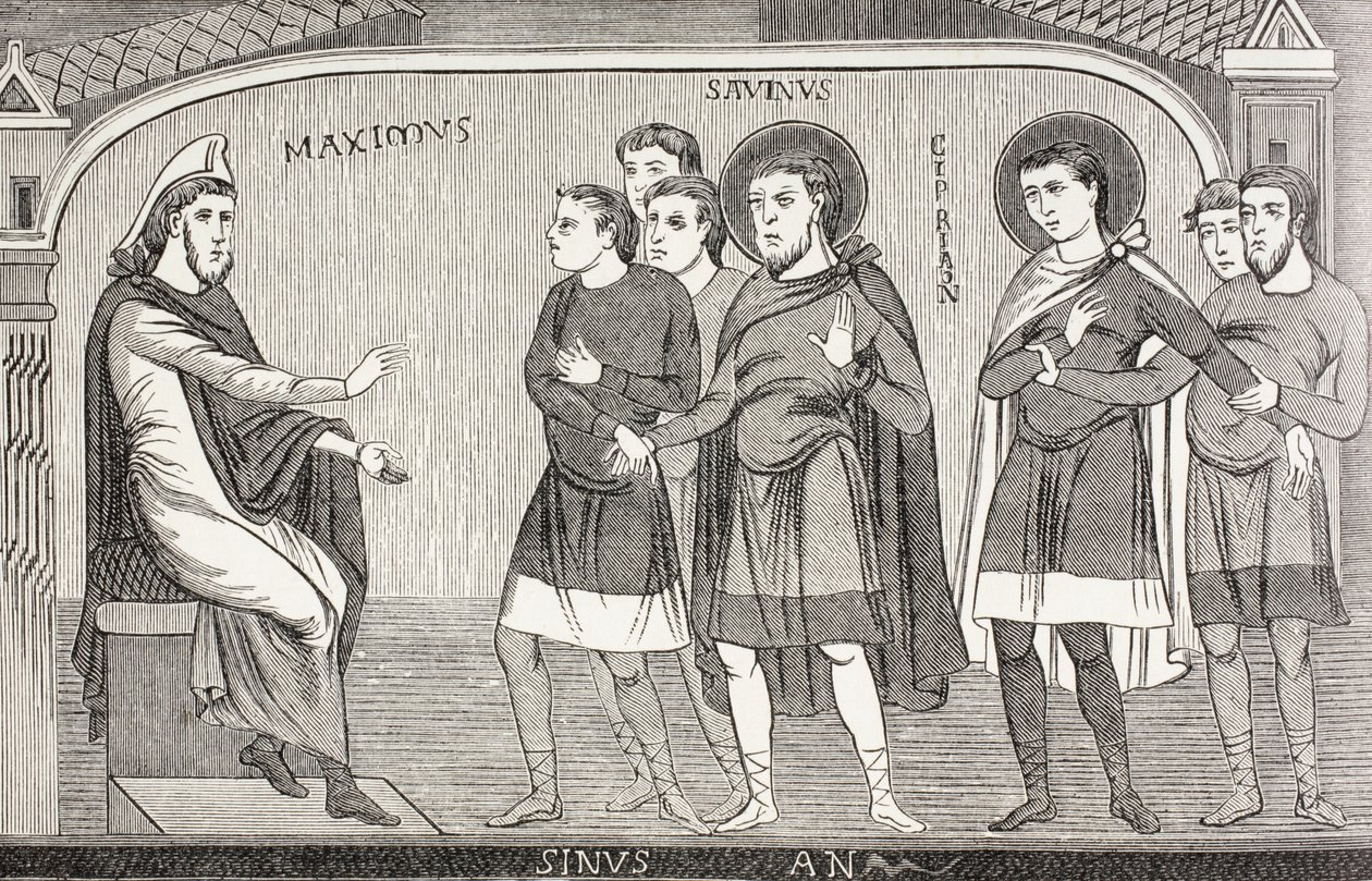 I santi Savino e Cipriano confessano al proconsole Galerio Massimo di essere cristiani. Da un affresco dell
