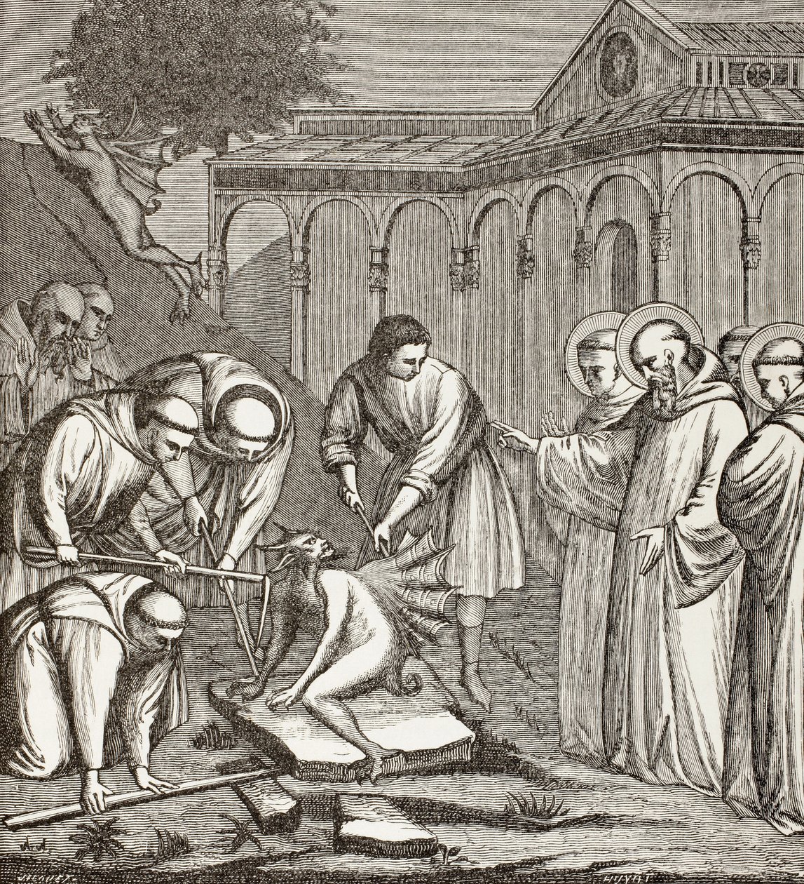 San Benedetto e il diavolo. Quando Benedetto stava costruendo una cappella, il diavolo si sedette su una pietra e nessuno riuscì a spostarlo finché San Benedetto non benedisse la pietra. Allora il diavolo prese il volo. da Paul Lacroix