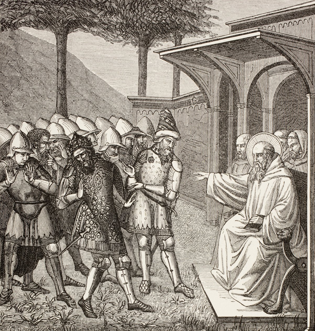 San Benedetto di Nursia rimprovera a Baduila alias Totila, re degli Ostrogoti, di averlo ingannato e gli predice la morte. da Paul Lacroix