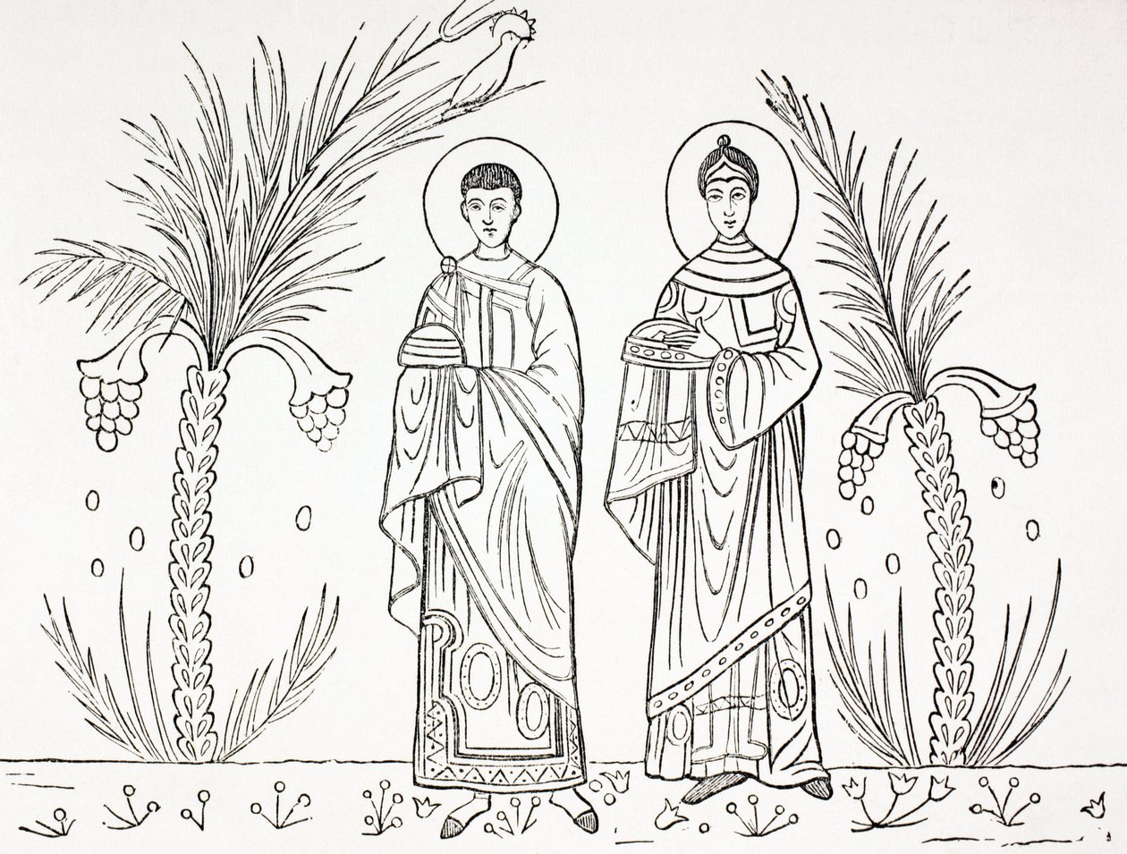 Santa Cecilia e suo marito Valeriano. Da un mosaico del III o IV secolo conservato nella chiesa di Santa Cecilia a Roma. da Paul Lacroix