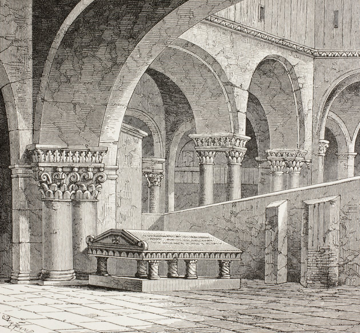 Tomba di Goffredo di Boullon, 1060-1100 circa, come esisteva nella Chiesa del Santo Sepolcro, a Gerusalemme. La tomba è ora distrutta. Da un disegno realizzato sul posto nel 1828. da Paul Lacroix