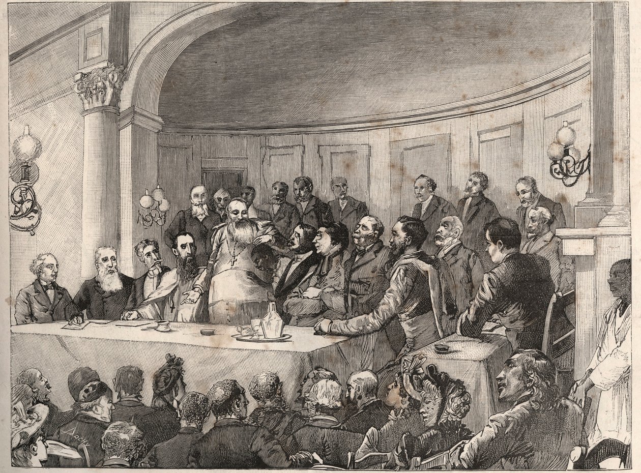 Il Congresso Anti-Schiavitù tenutosi a Parigi il 21, 22 e 23 settembre 1890 alla Società di Geografia alla presenza di Jules Simon, Emile Keller e Monsignor Lavigerie. Incisione dal disegno di Paul Merwart in “Le Monde illustre” del 1890 da Paul Merwart