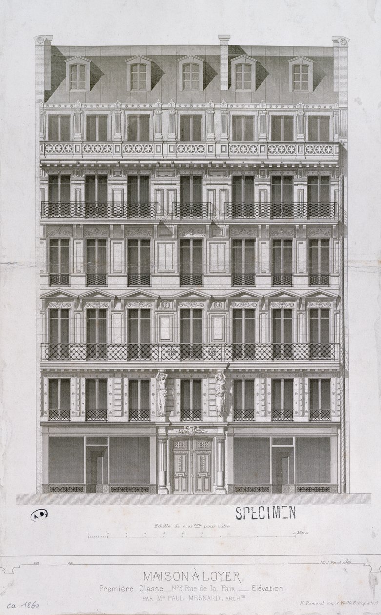 Progetto per un blocco di appartamenti in stile Haussmann in rue de la Paix, Parigi, c.1860 da Paul Mesnard