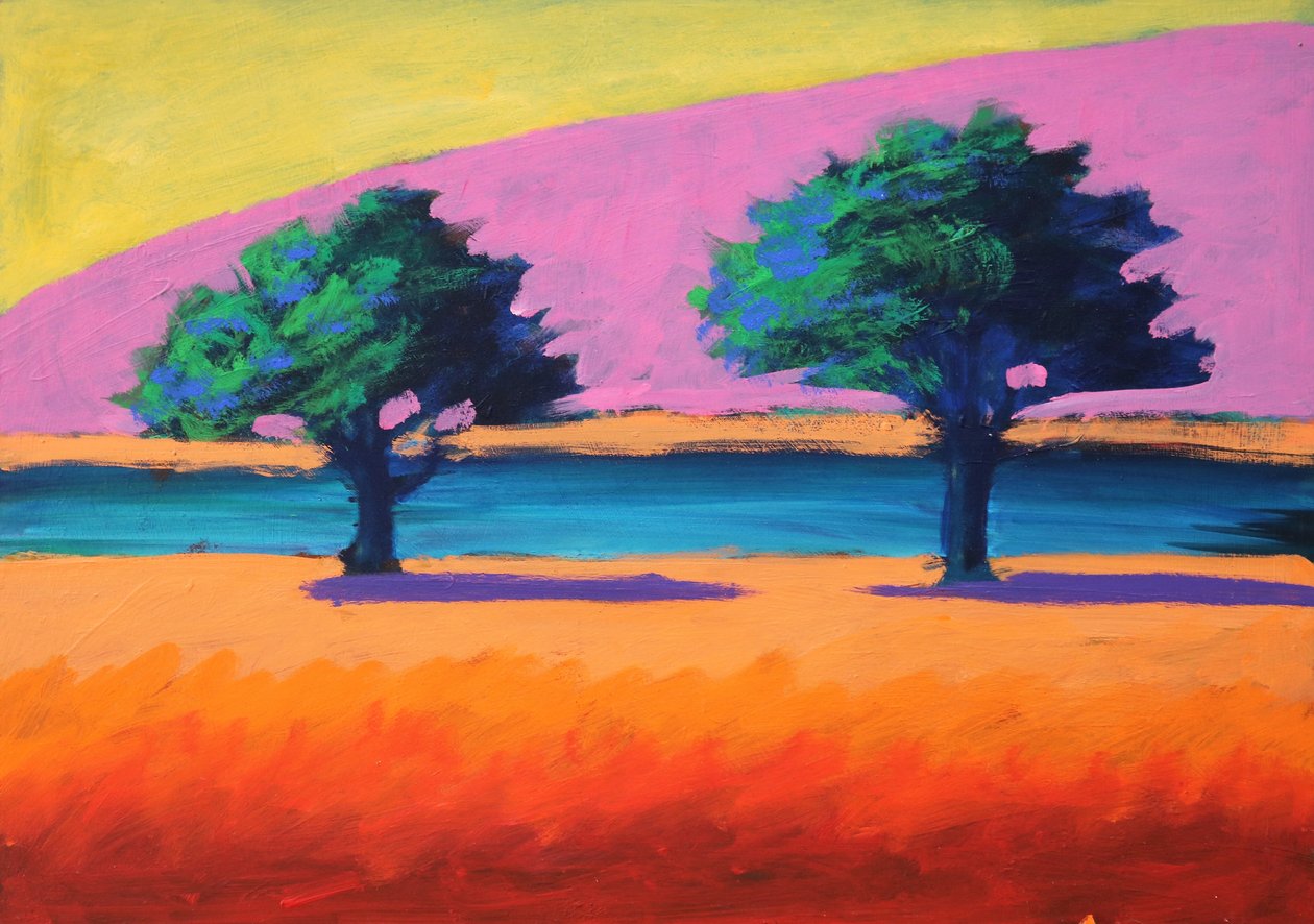 Collina rosa cielo giallo, 2021 (acrilico su tavola) da Paul Powis