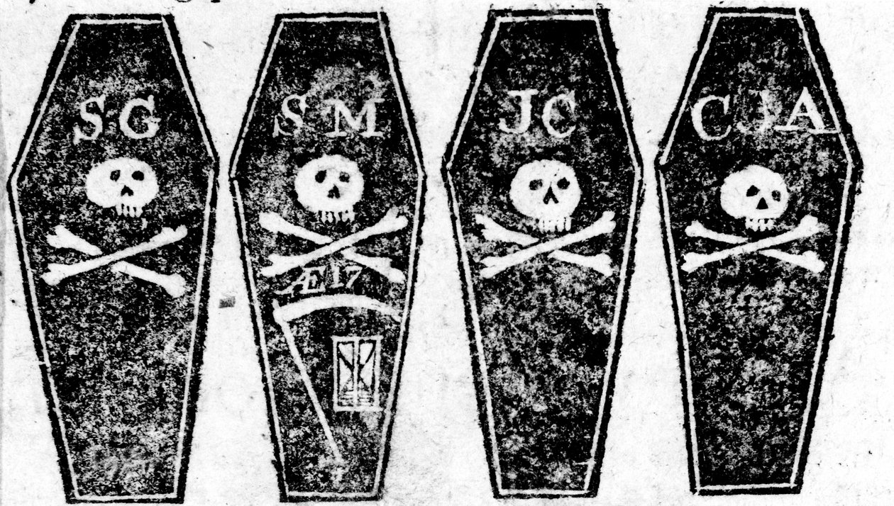 Disegno delle quattro bare dal massacro di Boston, stampato nel Boston Gazette, 12 marzo 1770 da Paul Revere