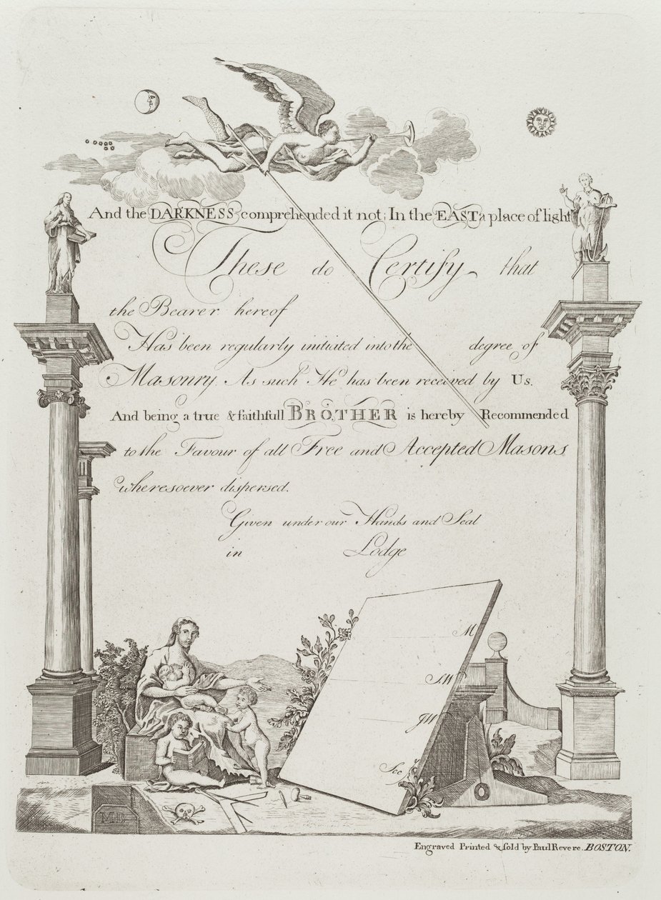 Certificato massonico da Paul Revere