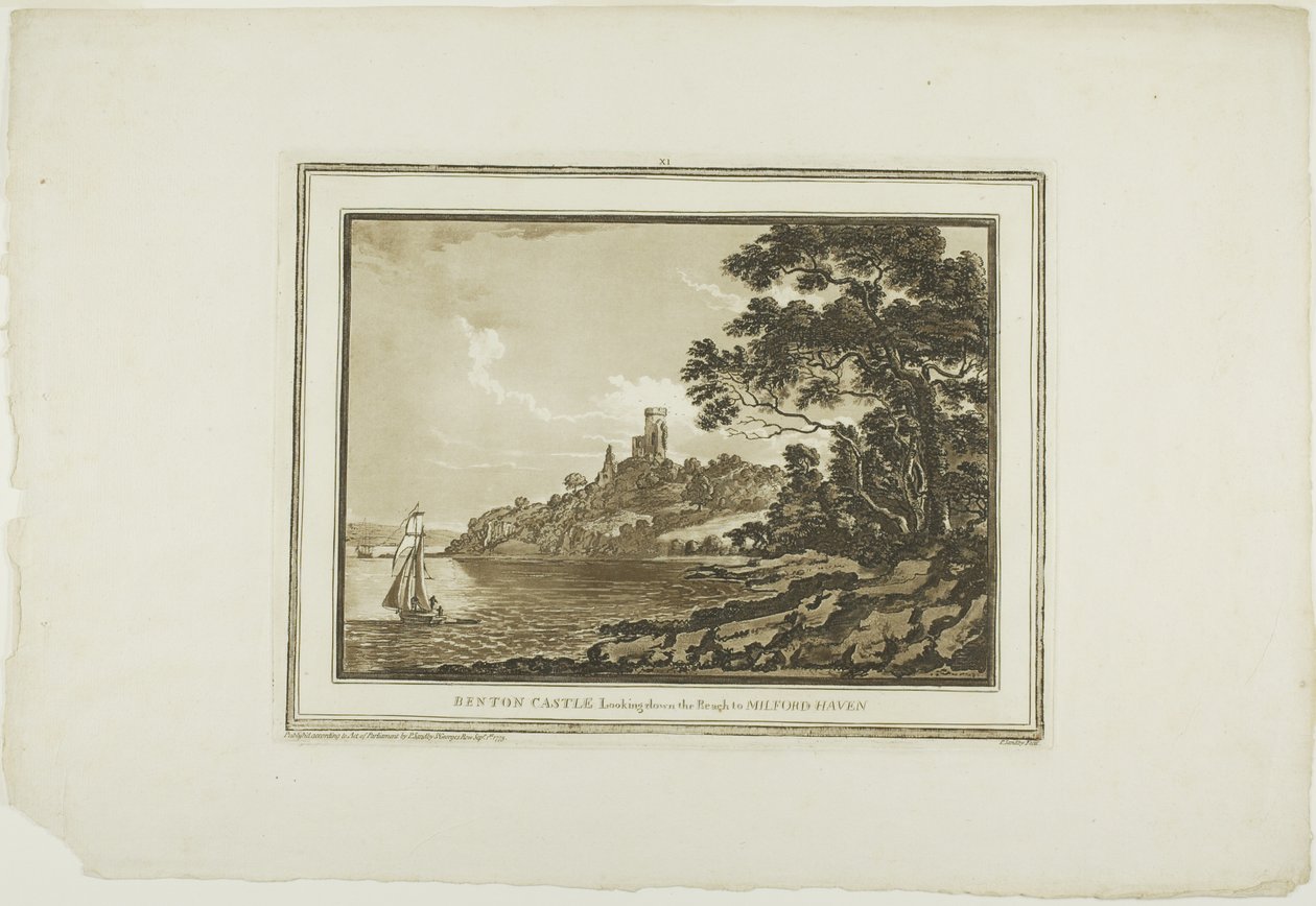Castello di Benton guardando verso Milford Haven, da Dodici vedute in acquatinta da disegni presi sul posto nel Galles del Sud da Paul Sandby