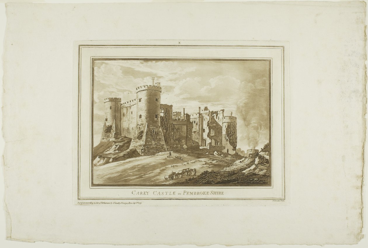 Castello di Carey nel Pembrokeshire, da Dodici vedute in acquatinta da disegni presi sul posto nel Galles del Sud da Paul Sandby