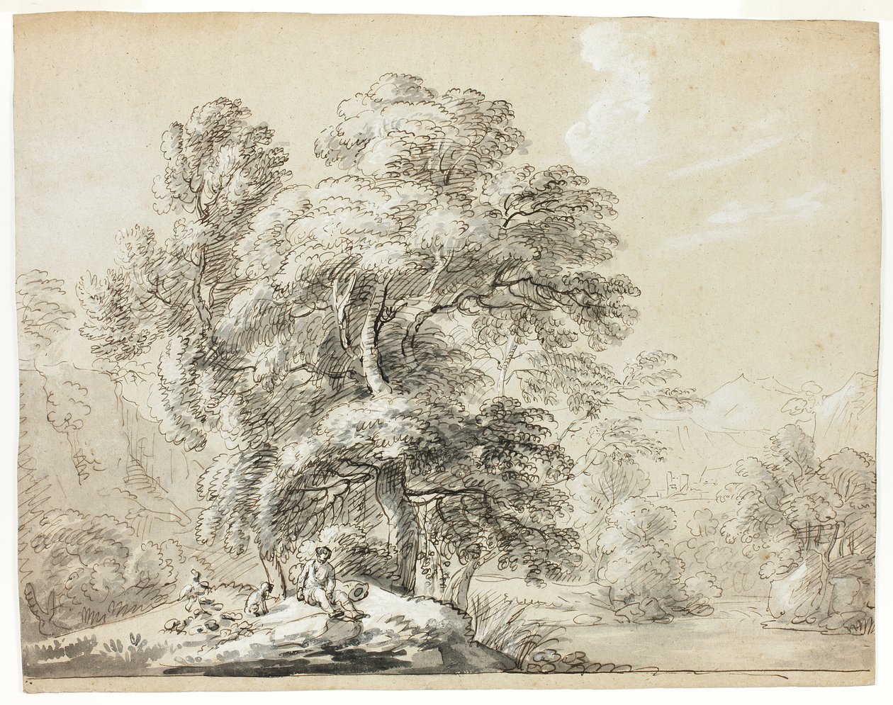 Uomo e cane seduti sotto gli alberi vicino al fiume da Paul Sandby